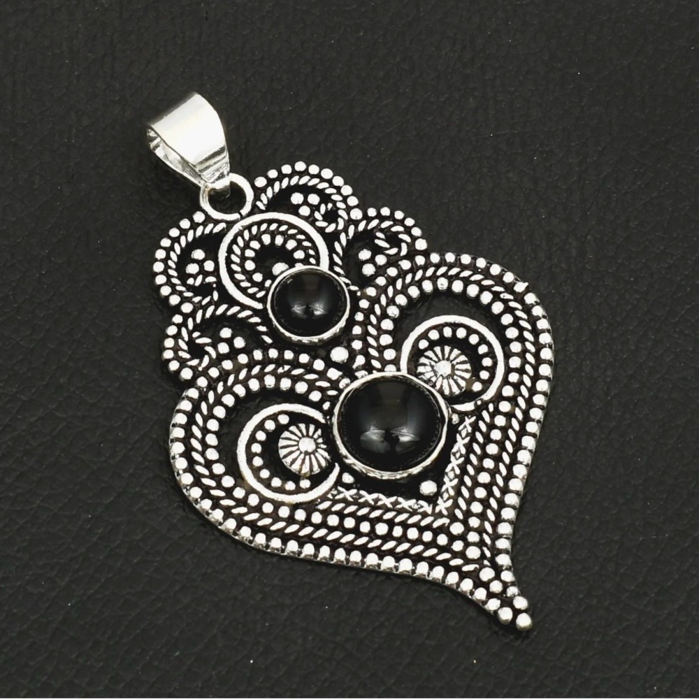 Natural Black Onyx Heart Gemstone 2.5” Silver Pendant - Picture 2 of 6